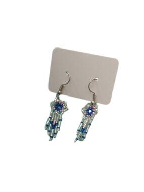 Navajo Elder Handmade Beaded Silver Blue Flower Dream Catcher Earrings
